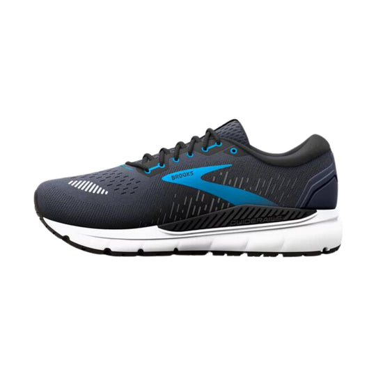 Dark gray and blue running shoe with white midsole and black outsole, side view