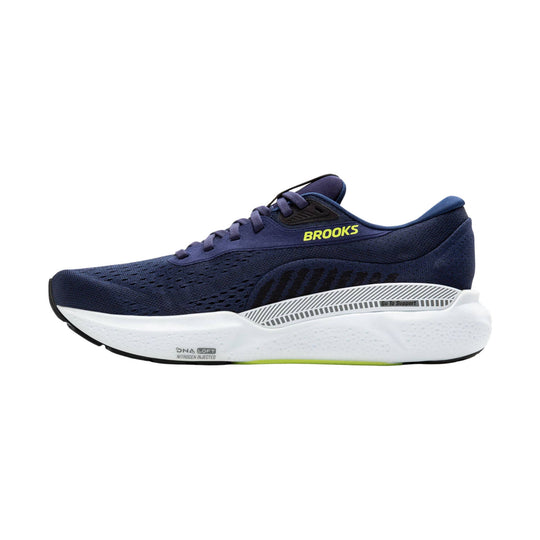 Navy running shoe with white foam midsole and yellow-green accents, side view
