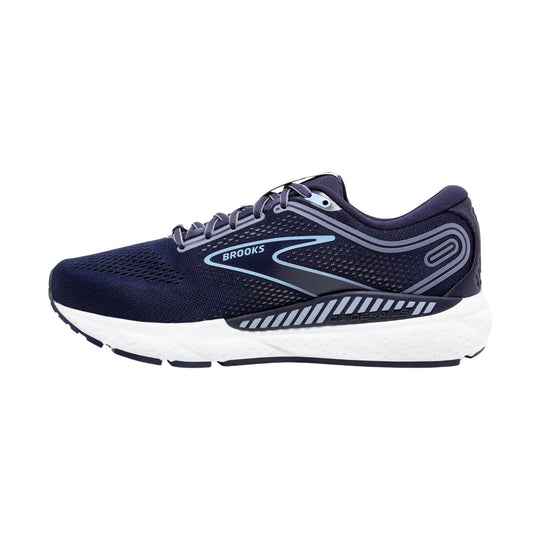 Navy running shoe with a white cushioned sole and side support rails