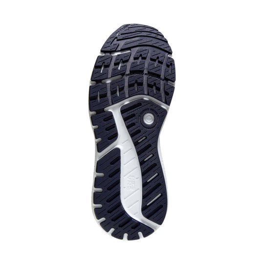 Running shoe outsole with dark navy rubber tread and a white midfoot support section