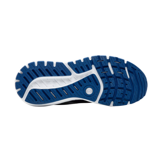 Blue and white running shoe outsole with deep tread and Brooks branding