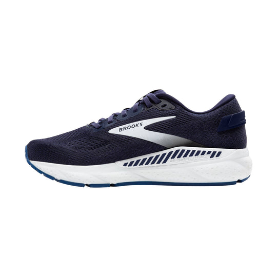 Navy Brooks running shoe with white midsole and side logo, side view