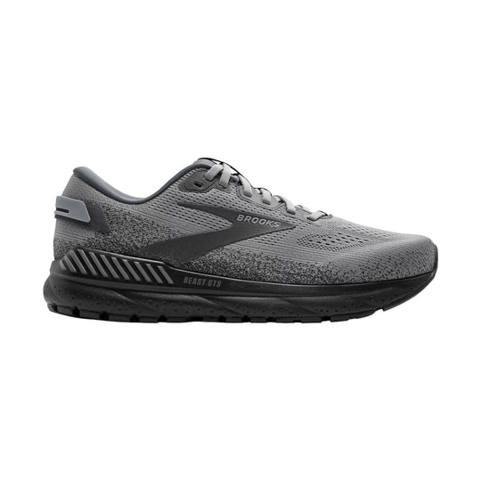 Gray and black running shoe with knit upper, side logo, and visible BEAST GTS text on the midsole