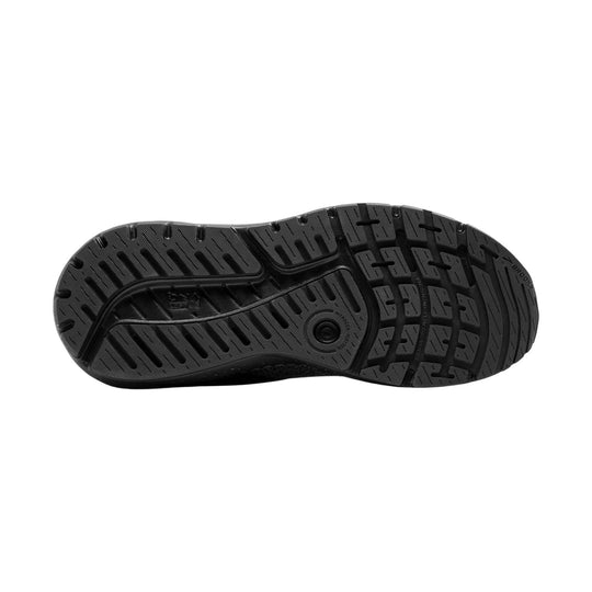 Black running shoe outsole with textured tread and visible Brooks branding