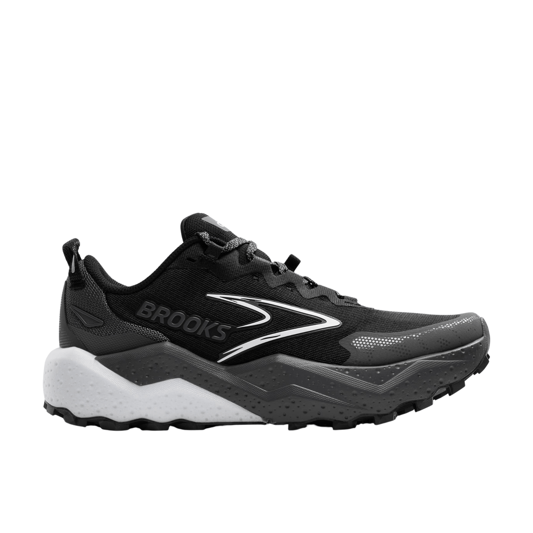 Black trail running shoe with white midsole and side logo