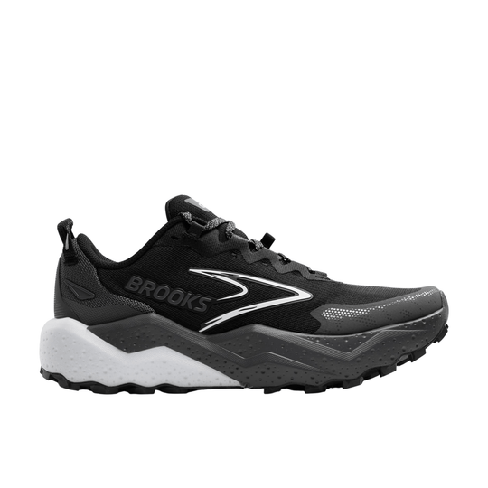 Black trail running shoe with white midsole and side logo