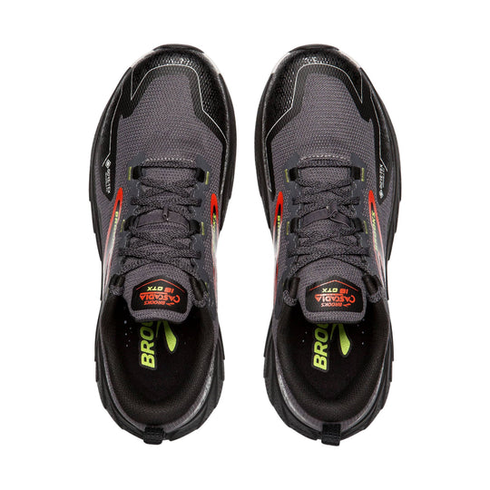 Pair of black and gray trail running shoes with laces and visible Gore-Tex branding, top view