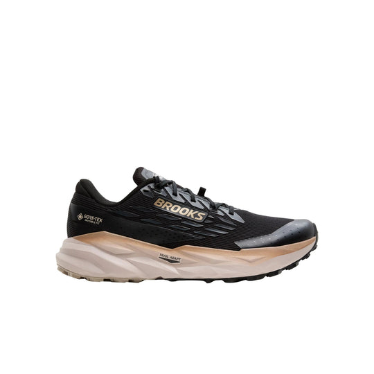Black trail running shoe with tan midsole, visible "BROOKS" branding, and Gore-Tex marking