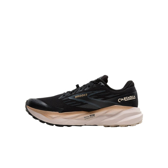 Black trail running shoe with a thick beige cushioned sole, shown in side profile