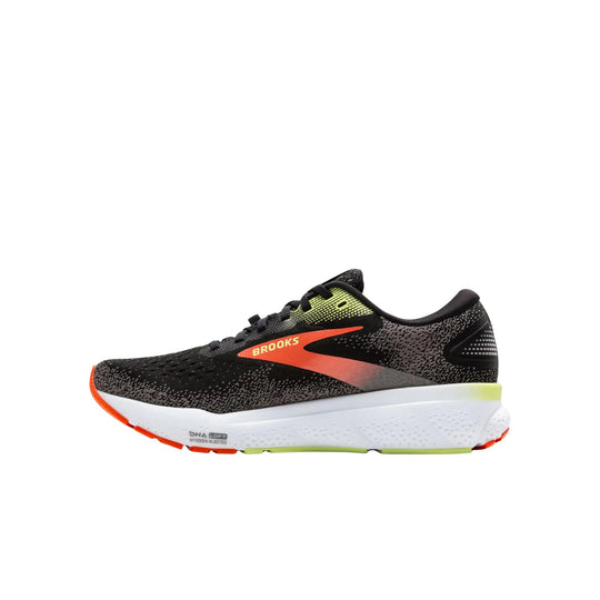 Black running shoe with orange and lime accents, white cushioned midsole, and visible Brooks logo