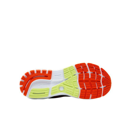 Running shoe outsole with orange and lime green tread and Brooks logo