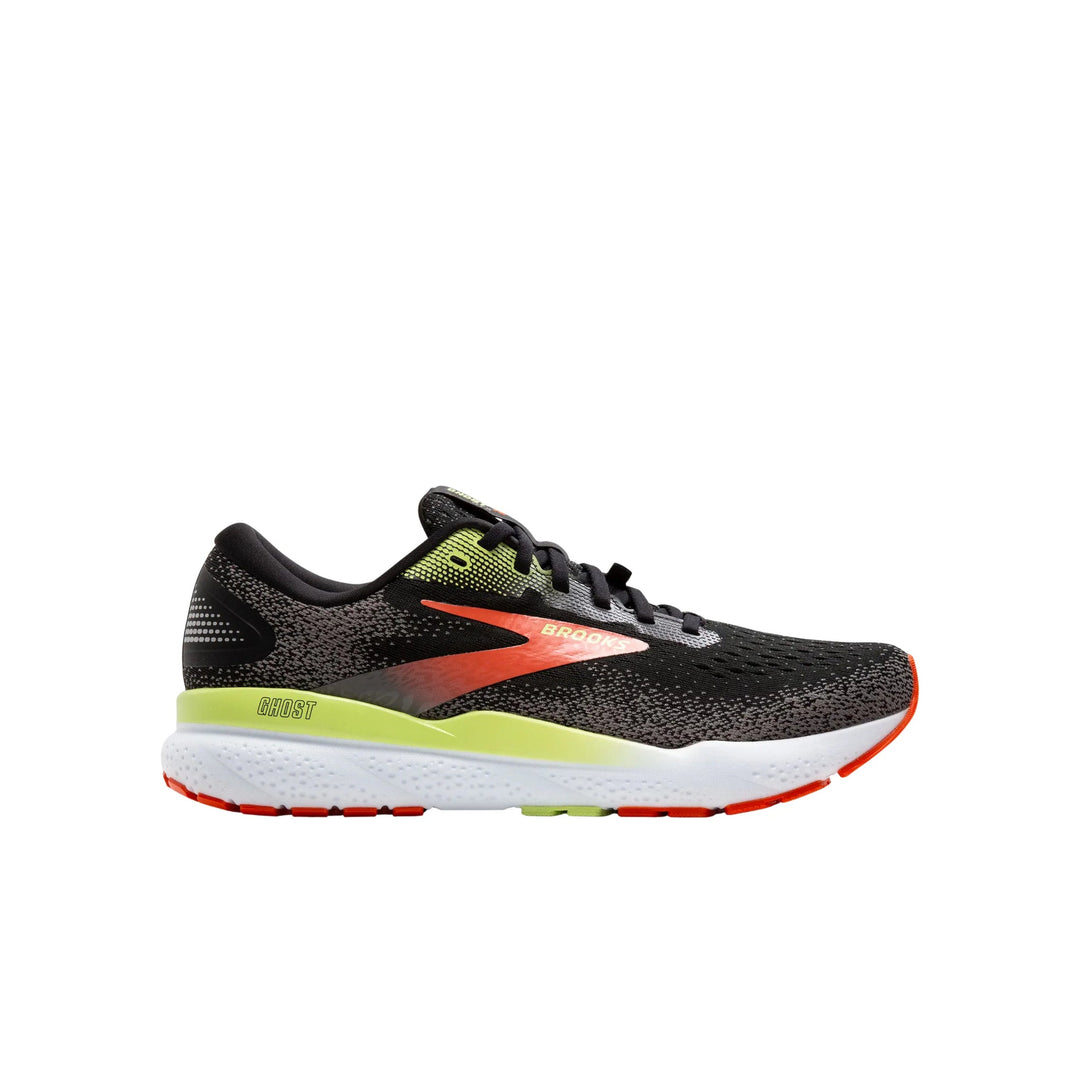 Black running shoe with neon green and orange accents, white cushioned sole, side view