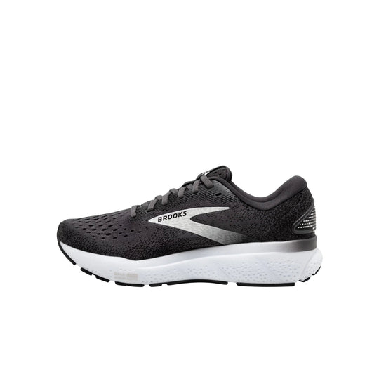 Black running shoe with white foam sole and side logo, shown in profile