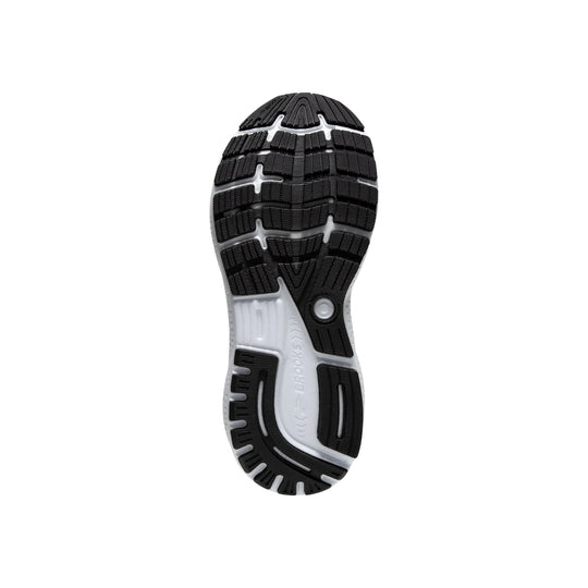 Running shoe outsole with black rubber tread and white cushioning sections, shown from the bottom