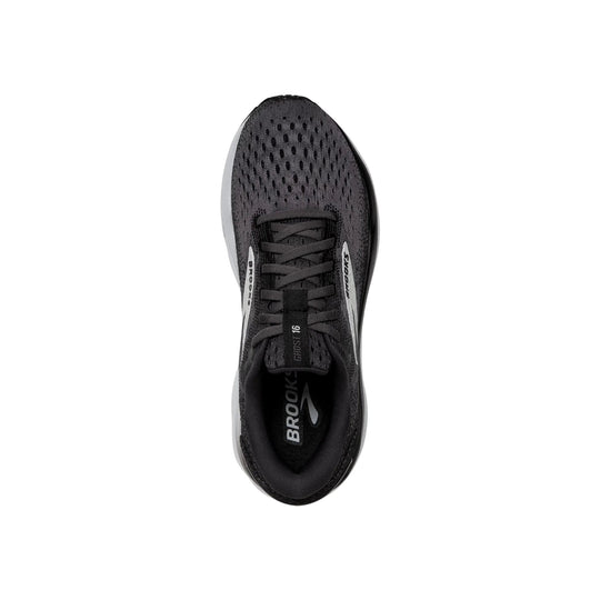 Black running shoe with white side panels, knit upper, and laced front, shown from above.