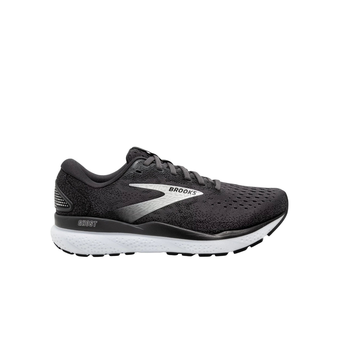 Black running shoe with white cushioned sole and side branding