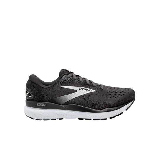 Black running shoe with white cushioned sole and side branding