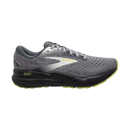 Gray and black running shoe with lime accents, side view