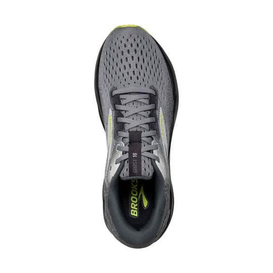 Gray running shoe with lime accents, lace-up front, and perforated upper, viewed from above