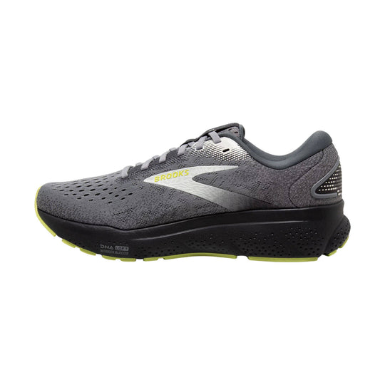 Gray running shoe with lime accents, white side logo, and black cushioned sole, shown in side profile