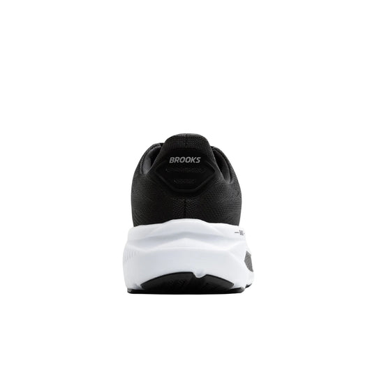 Black running shoe with a white cushioned sole, rear view