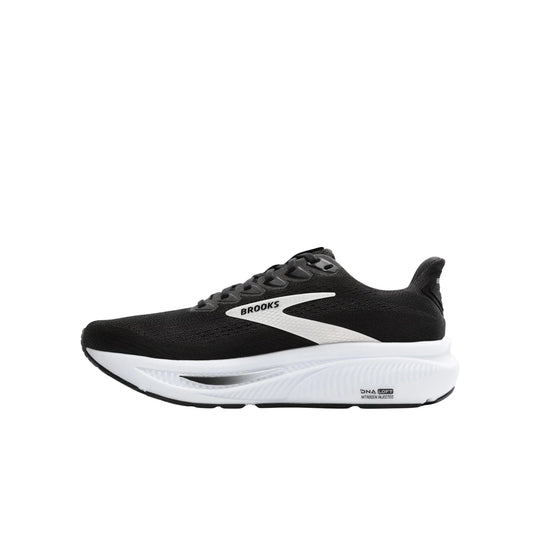 Black running shoe with a white midsole and visible side logo, shown in profile.