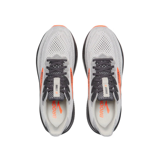 Pair of gray running shoes with dark laces and bright orange accents, shown from above.