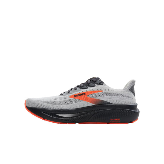 Gray and black running shoe with orange accents and visible Brooks branding, side view.