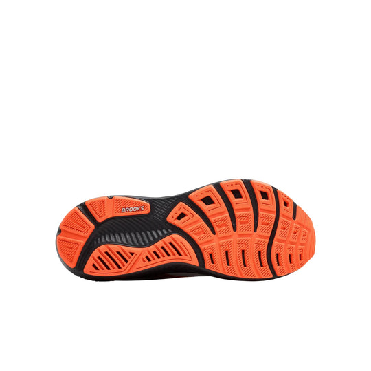 Orange and black running shoe outsole with Brooks logo