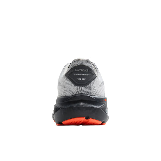 Gray running shoe with black heel and bright orange outsole, rear view