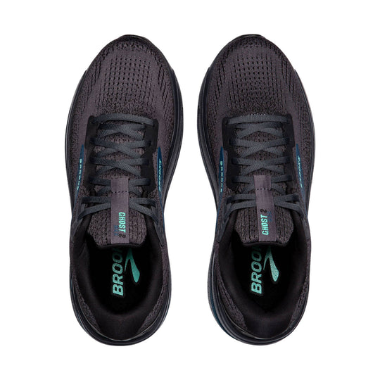 Pair of black knit running shoes with teal side branding and visible laces, shown from above.