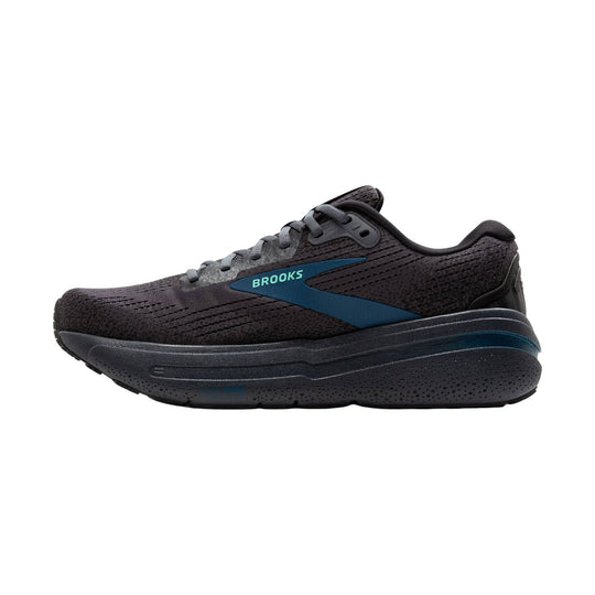 Black running shoe with teal side logo and gray laces, shown in profile