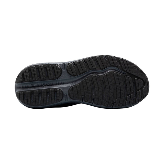 Black running shoe outsole with Brooks branding and segmented tread pattern