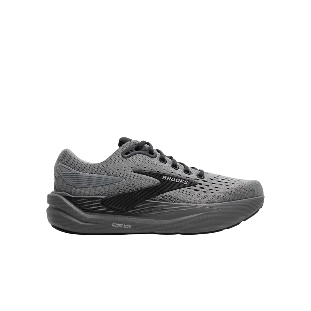 Gray running shoe with black side panel and thick cushioned sole, shown in side view