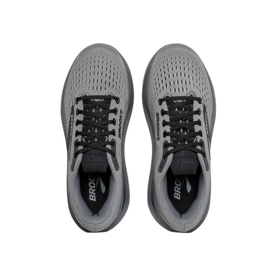 Gray Brooks running shoes shown from above with black laces and perforated mesh uppers