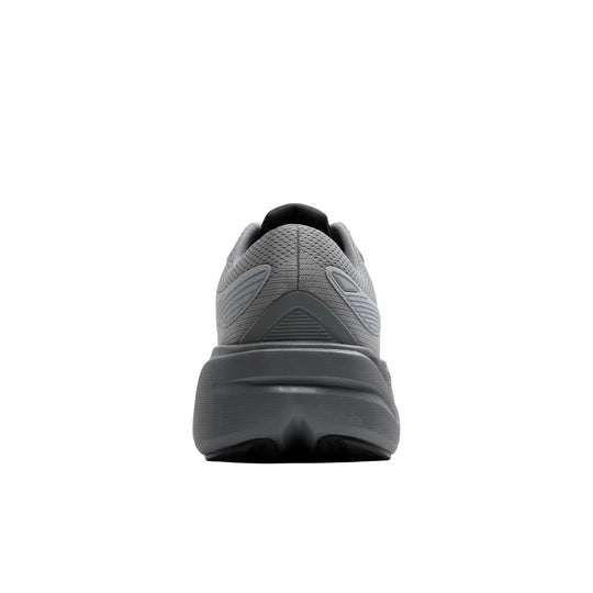 Gray athletic running shoe shown from the heel on a white background