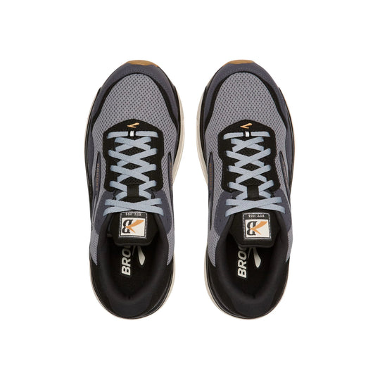 Pair of gray and black Brooks running shoes with light blue laces, shown from above