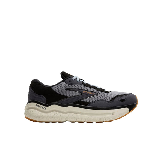 Black and gray running shoe with thick white midsole and gum outsole, shown in side view