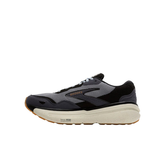 Black and gray Brooks running shoe with thick cream midsole and gum outsole, side view