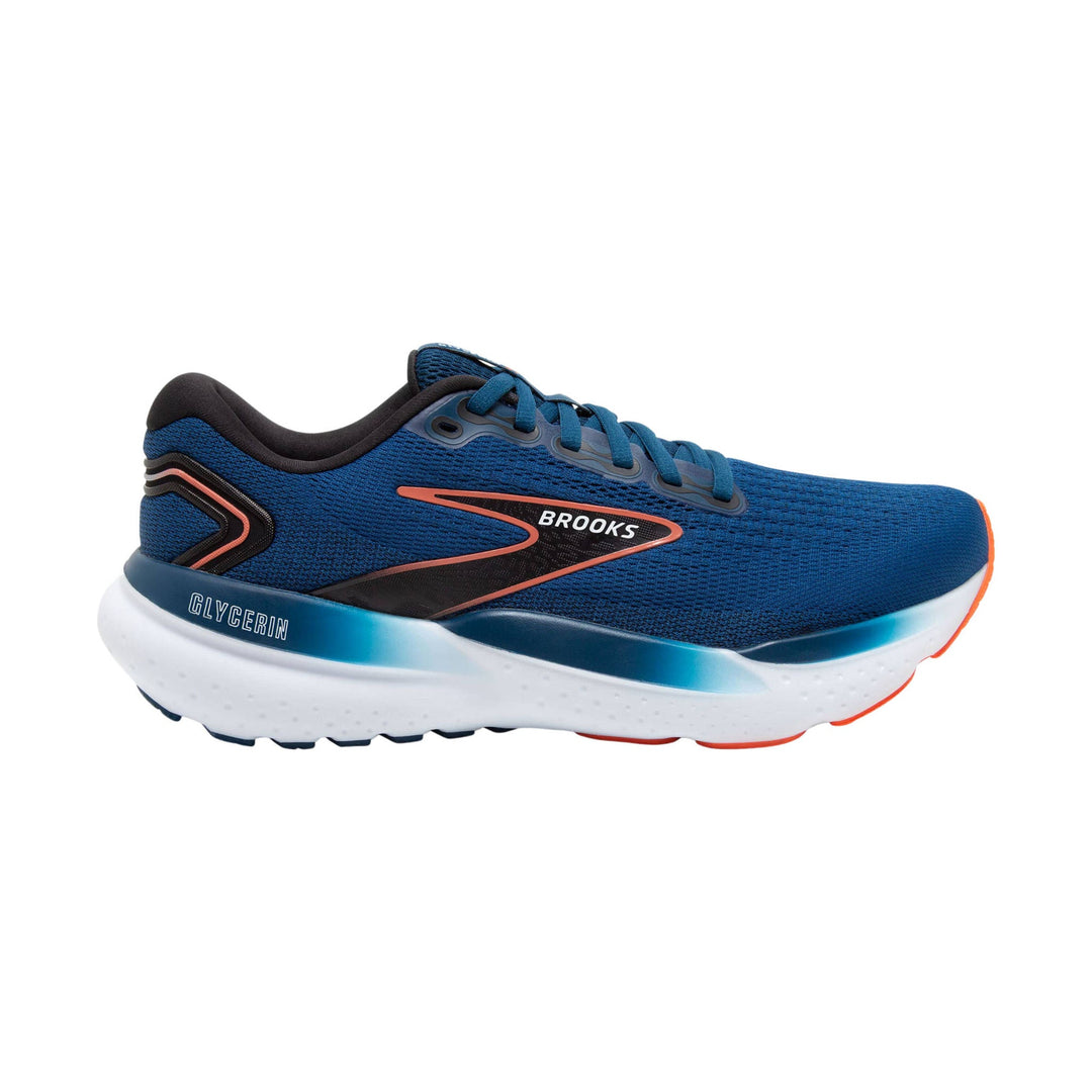 Blue running shoe with black trim, teal laces, and white cushioned sole