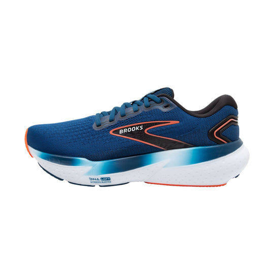 Blue running shoe with white cushioned sole, orange accents, and side profile branding