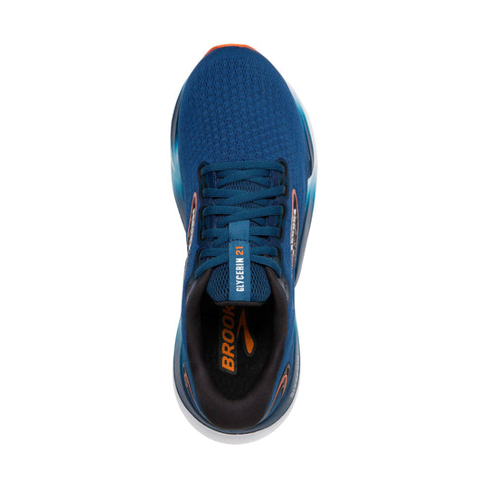 Blue running shoe with orange accents, top view, and visible Brooks and Glycerin 21 branding