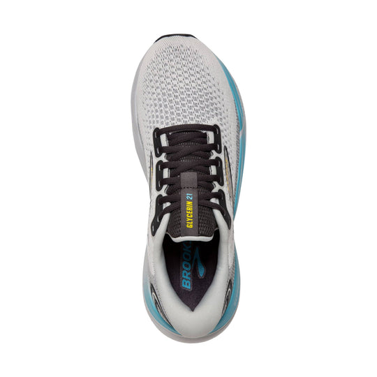 White and gray running shoe with black laces and blue accents, top view