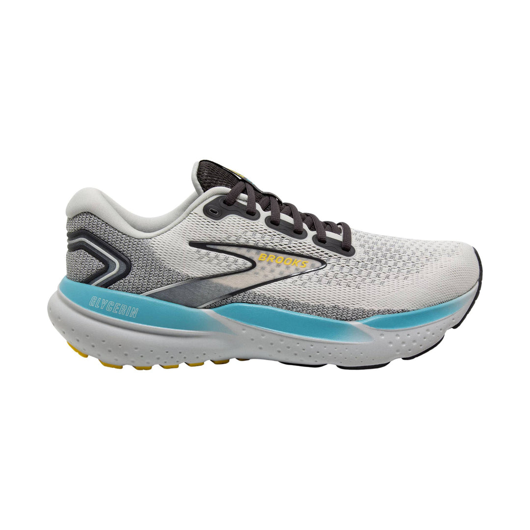 Gray and white road running shoe with dark laces and a blue midsole accent