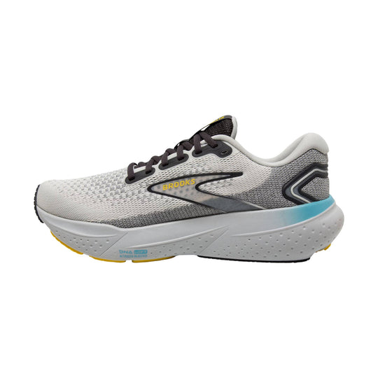 White and gray Brooks road running shoe with black laces and a blue heel accent, side view