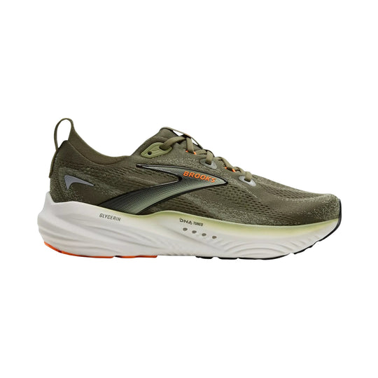 Olive green road running shoe with white cushioned sole and orange accents