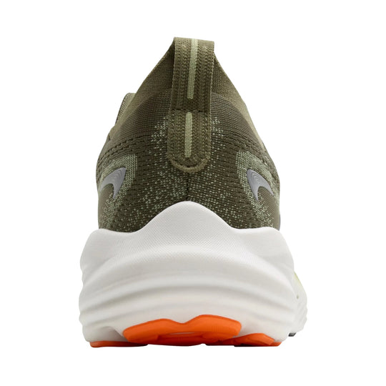 Olive knit running shoe with a white cushioned sole and orange outsole accents, rear view
