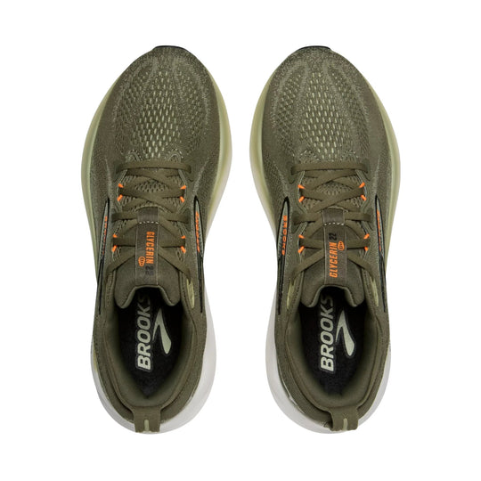 Pair of olive running shoes with mesh uppers, orange lace accents, and white midsoles, shown from above.