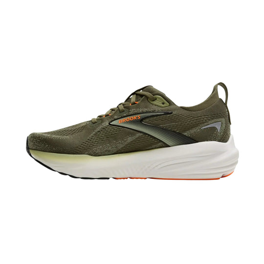 Olive green road running shoe in side profile with a white cushioned sole and orange accents