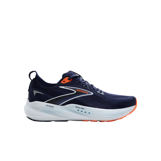 Navy running shoe with white cushioned sole and orange accents, shown in side profile
